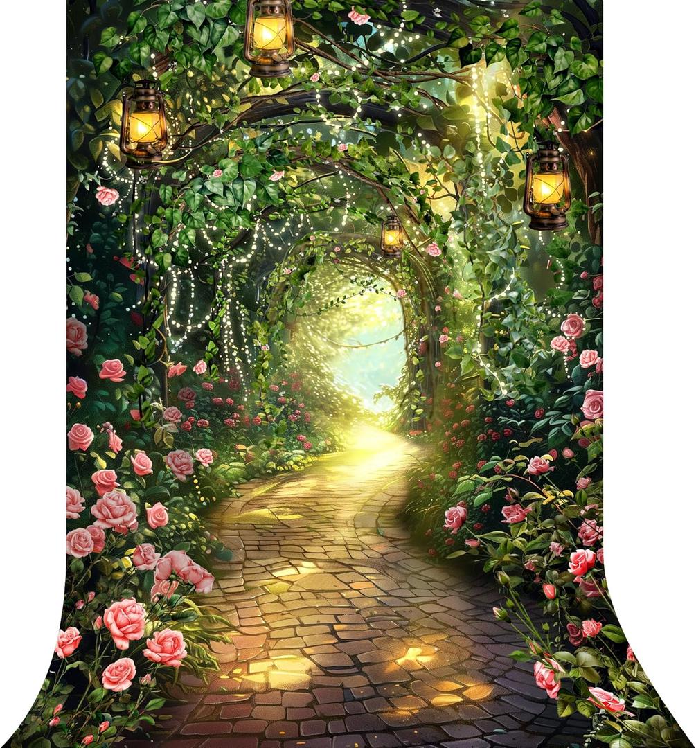 Riyidecor Fairy Princess Backdrop Wonderland Garden Pink Rose Lights Greenery Enchanted Woodland 5Wx7H Feet Photography Background Bridal Shower Birthday Wedding Photo Studio Shoot Polyester Fabric