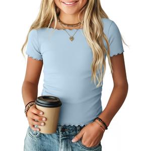 Girl’s Short Sleeve Shirts Lettuce Trim Boat Neck Tops Summer Casual Tee Basic Cute T-Shirts 13-14 Years
