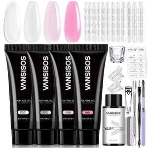 Poly Nail Gel Kit: 4 Colors Pink White Poly Nail Gel Extension with Poly Brush & Slip Solution Nail Kit for Beginners Women DIY at home
