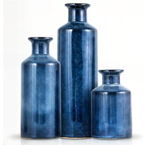 Mowtanco Blue Ceramic Vase Set of 3 Small Vases, Modern Farmhouse for Home Decor Bottles, Rustic Terracotta Vase Decorative Vases for Table,Fireplaces Decor, Bookshelf, Living Room