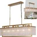 Modern Gold Crystal Chandeliers for Dining Room Light Fixtures Over Table,42in Large Rectangular Water Ripple Glass Pendant Light for Kitchen Island Living Room Flat Inclined Ceiling, L42 x W11 x H19