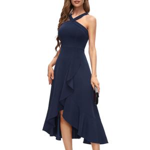 Bbonlinedress Halter Cocktail Women Dresses Prom Formal Wedding Bridesmaid Dress Ruffled Maxi Hi-Lo Evening Party 2025 Dress (Large, Navy)
