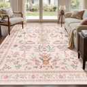 Pink Rug 8x10, Washable Boho Floral Botanical Animal Area Rug with Non Slip Backing Design,Indoor Soft Low Pile Carpet for Bedroom, Living Room, Dining Room, Farmhouse, Playroom
