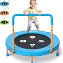 3FT Toddler Trampoline with Adjustable Handlebar, 36" Foldable & Spring-Free, Mini Kids Indoor Outdoor Trampoline for Ages 1-6, Noiseless Jumping Mat, Safe & Sturdy Design, Supports Up to 100 lbs (Blue)