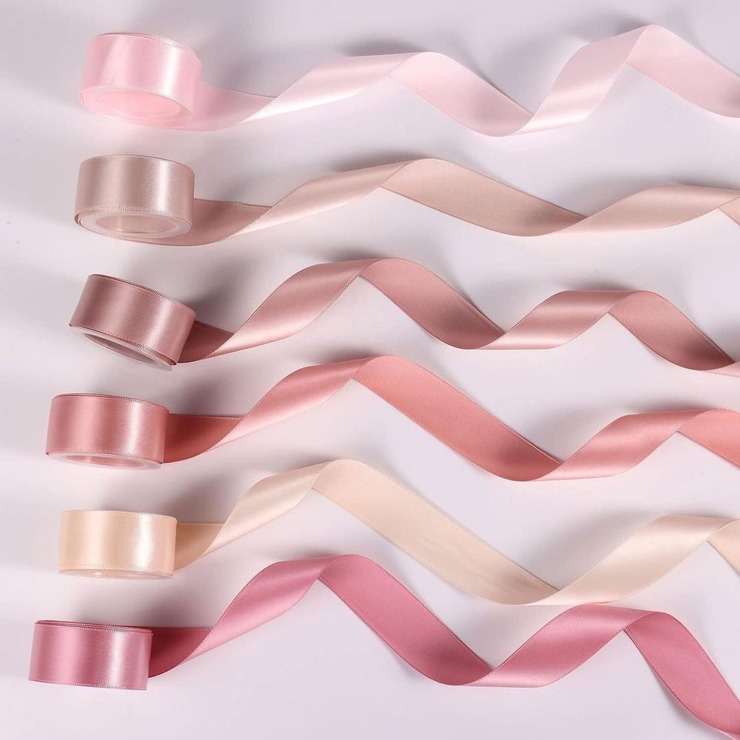 6 Rolls Ribbon for Flower Bouquet, 1" x 30yard Double Face Satin Dusty Rose Wedding Ribbon Pink Silk Ribbons for Wedding Invitations, Craft Decorating, Shower, Parties, Dating (6 Colors)