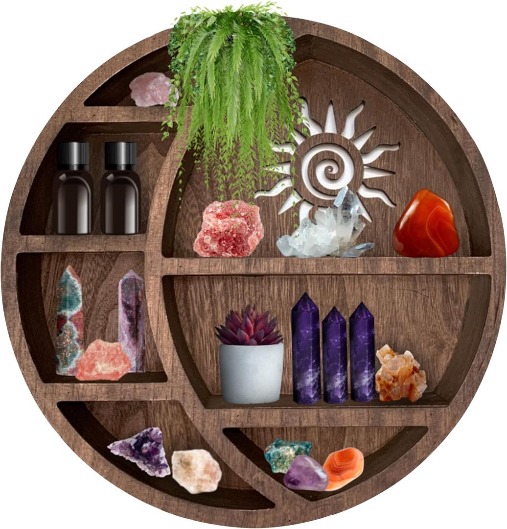 Wooden Crescent Sun Moon Shelf Wall Decor - Decorative Boho Home Hanging Display Shelf for Bedroom, Dorm, Nursery - Easy Mount Storage for Crystals and Essential Oils - 14 x 14 x 3.5