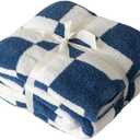 Ultra-Soft Buffalo Checkerboard Grid Fluffy Microfiber Knitted Throw Blanket Super Cozy Lightweight Checkered Bed Blanket for Sofa Couch Bed Navy 51"X63"