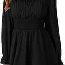 LYANER Women's Flounce Long Sleeve Square Neck Ruffle Layer Shirred Mini Short Romper Jumpsuit Black X-Large (Black)