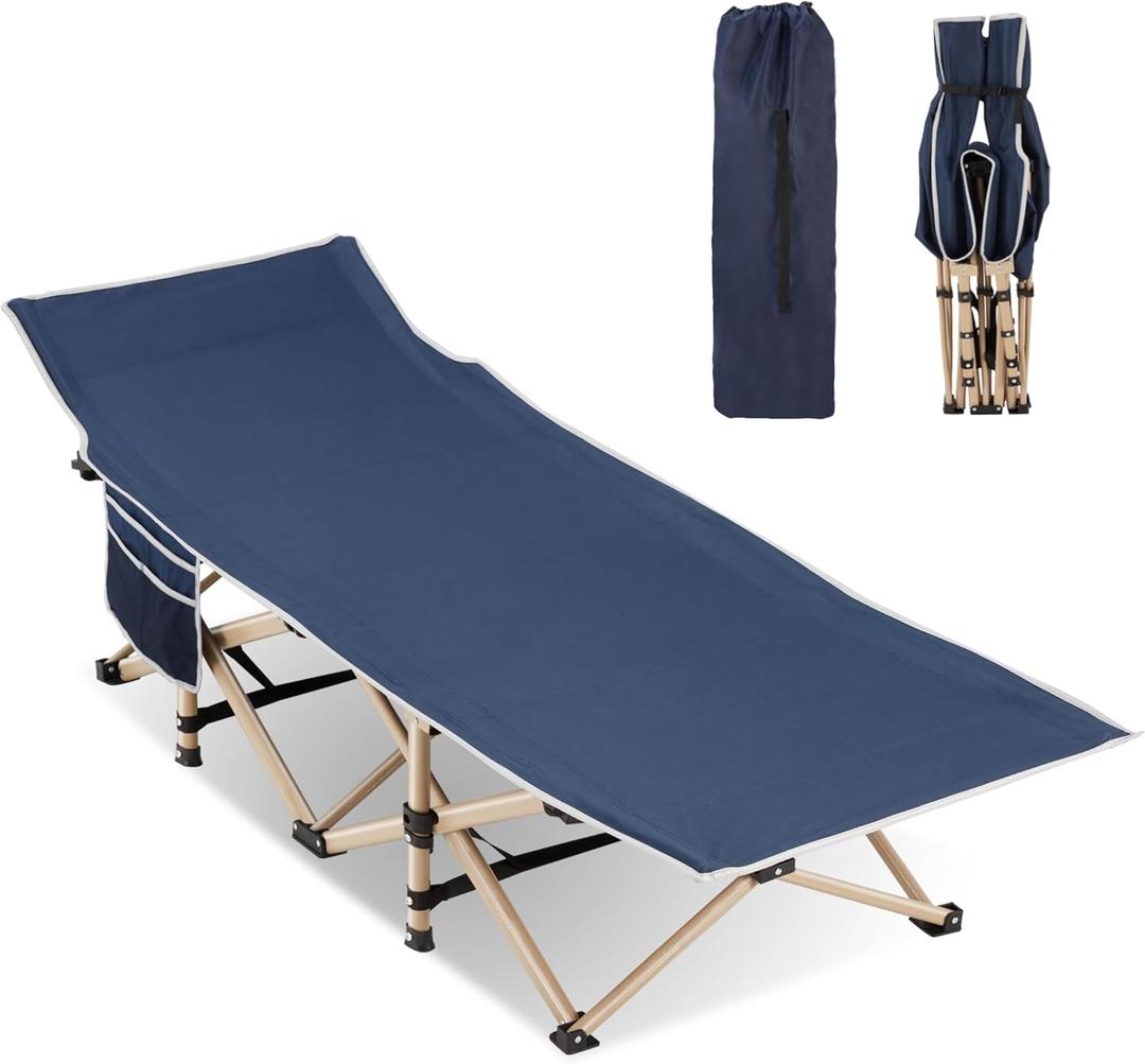 Folding Camping Cot for Sleeping, Portable Cots for Adults, Heavy Duty Cot Bed 550LBS(Max Load), Extra Wider Cots with Large Pocket for Outdoor, Office, Beach (Blue)