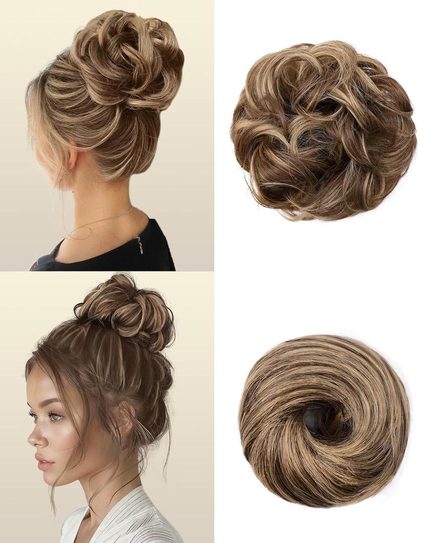 2PCS Messy Bun Hair Piece-Large Wavy Curly & Donut Updo Hair Pieces Set, Scrunchies Synthetic Chignon Ponytail Extensions Thick Updo for Women(Light Brown to Ash Blonde)