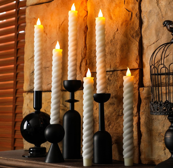 Baquler 6 Pcs White Flameless Taper Candle Twisted LED 9.65 Inch Spiral Taper Candles Battery Operated Twisted Candlesticks for Spring Wedding Birthday Home Party Holiday Dinner Fireplace