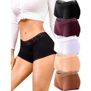 FINETOO Cotton Underwear for Women Boy Shorts Lace Boxer Briefs Soft Full Coverage Womens Panties 5 Pack S-XXL (Medium, Brown)
