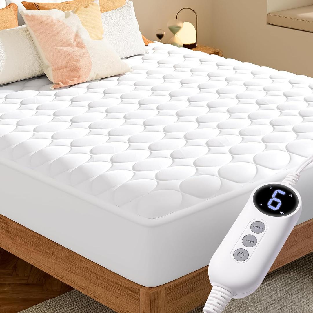 MASVIS Heated Mattress Pad Twin Size - Electric Mattress Pads with 9 Heating Settings Controller & Auto Off 2/4/6/10 Hrs, Deep Pocket Warmer Bed Protector Cover for Bedroom Doorm, ETL Certified,White