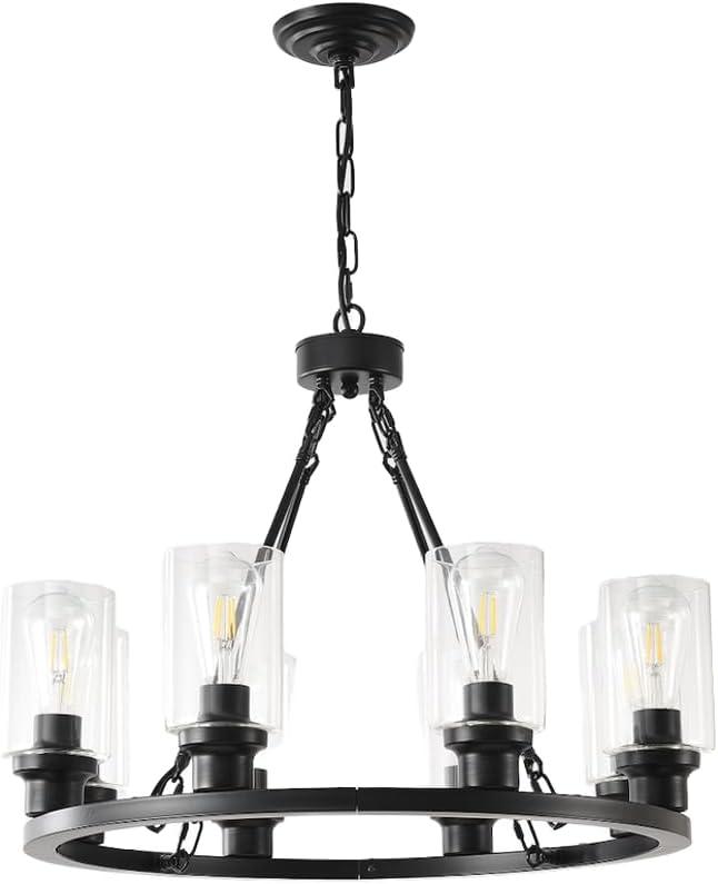 8-Light Wagon Wheel Pendant Chandelier, 23.6in, Height Adjustable, Farmhouse Black & Gold Chandelier with Faux Bubble Shade, Hanging Lighting Fixtures for Living Room, Dining Room, Kitchen & Foyer