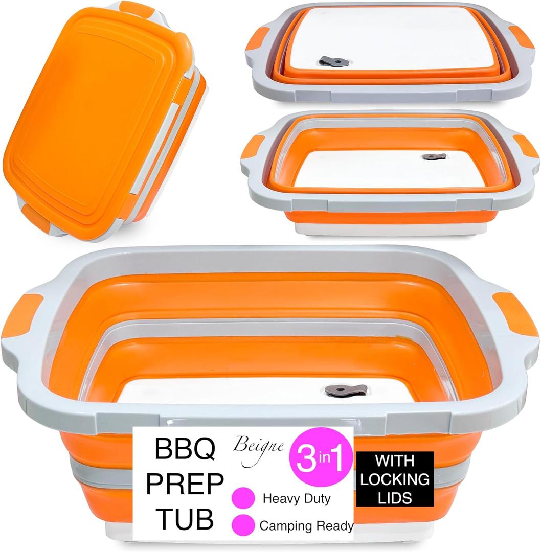 XL Collapsible BBQ Prep Tub with Lid - 3 in 1 Collapsible Tub & Portable Cutting Board Container for Marinating, Camping, Meat Storage - Space-Saving, Foldable Tray for Kitchen and Outdoor, 11.8"L x 7.9"W