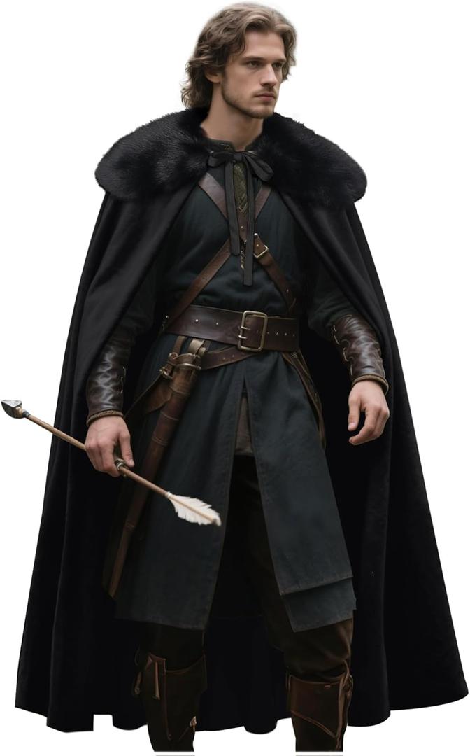 Joukavor Renaissance Velvet Cape with Viking Fur Collar for Men Halloween Cosplay (Black)