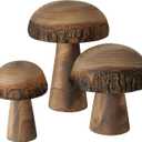WHW Whole House Worlds Farmers Market Mushrooms, Set of 3, Decorative Kitchen Figurines, Rustic Art, Pine Wood, Bark Details, 4.75 Inches