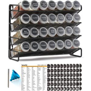 SpaceAid Spice Rack Organizer with 28 Spice Jars, 386 Spice Labels, Chalk Marker and Funnel Set for Cabinet, Countertop, Pantry, Cupboard or Door & Wall Mount - 28 Jars, 13.4" W 10.8" H, Black