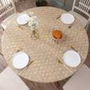 Round Vinyl Fitted Tablecloth with Flannel Backing Elastic Edge Design Table Cover Waterproof Oil-Proof PVC Table Cloth Stain-Resistant Best for 45"-56" Round (Weave)