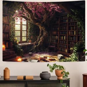 Richldeas 60x44inchs Bookshelf Tapestry Cherry Blossom Tree Tapestry Library Tapestries Reading Blanket for a Windowless Office and Dormitory Bedroom Living Room Home Decor RITAYW075 (Pink)