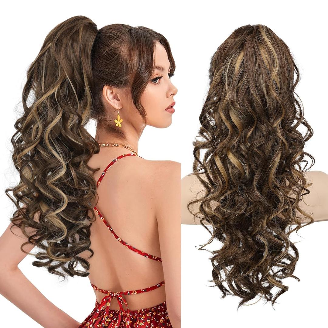 REECHO Ponytail Extension, 20 Claw Clip Ponytail Extension Curly Clip in Ponytail Long Pony Tails Hair Extensions for Women Fluffy Natural Looking Synthetic Hairpiece, Chocolate Brown with Highlights