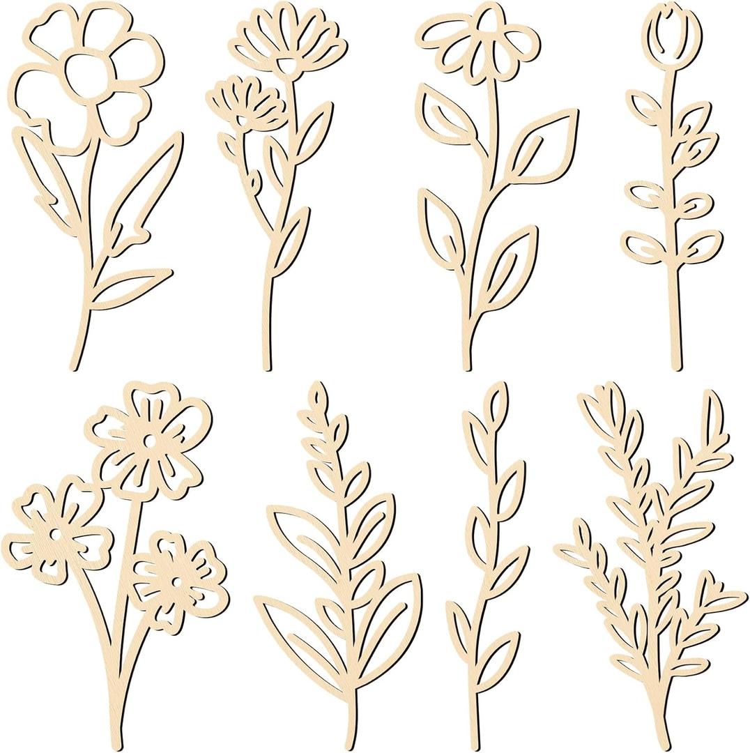 PerKoop 8 Pcs Wooden Flowers Wildflowers Wall Decor, Colorable Wood Floral Cutouts for Crafts, Boho Wall Decals Hanging Sculpture for Nursery Bedroom Living Room Decor(Fresh Style)