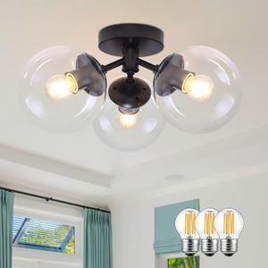 3-Light Modern Black Semi Flush Mount Ceiling Light Clear Glass Globe Ceiling Lights Mid Century Black Chandelier 3 Light Sputnik Ceilings Lights Fixture for Bedroom Hallway Entryway
