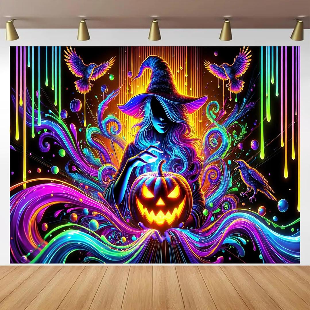 BlissYard Halloween Blacklight Tapestry 78x59 Inch Witch Pumpkin UV Reactive Wall Hanging Spooky Scene Glow in Dark Backdrop October Festive Luminous Blacklight Tapestry Party Decor