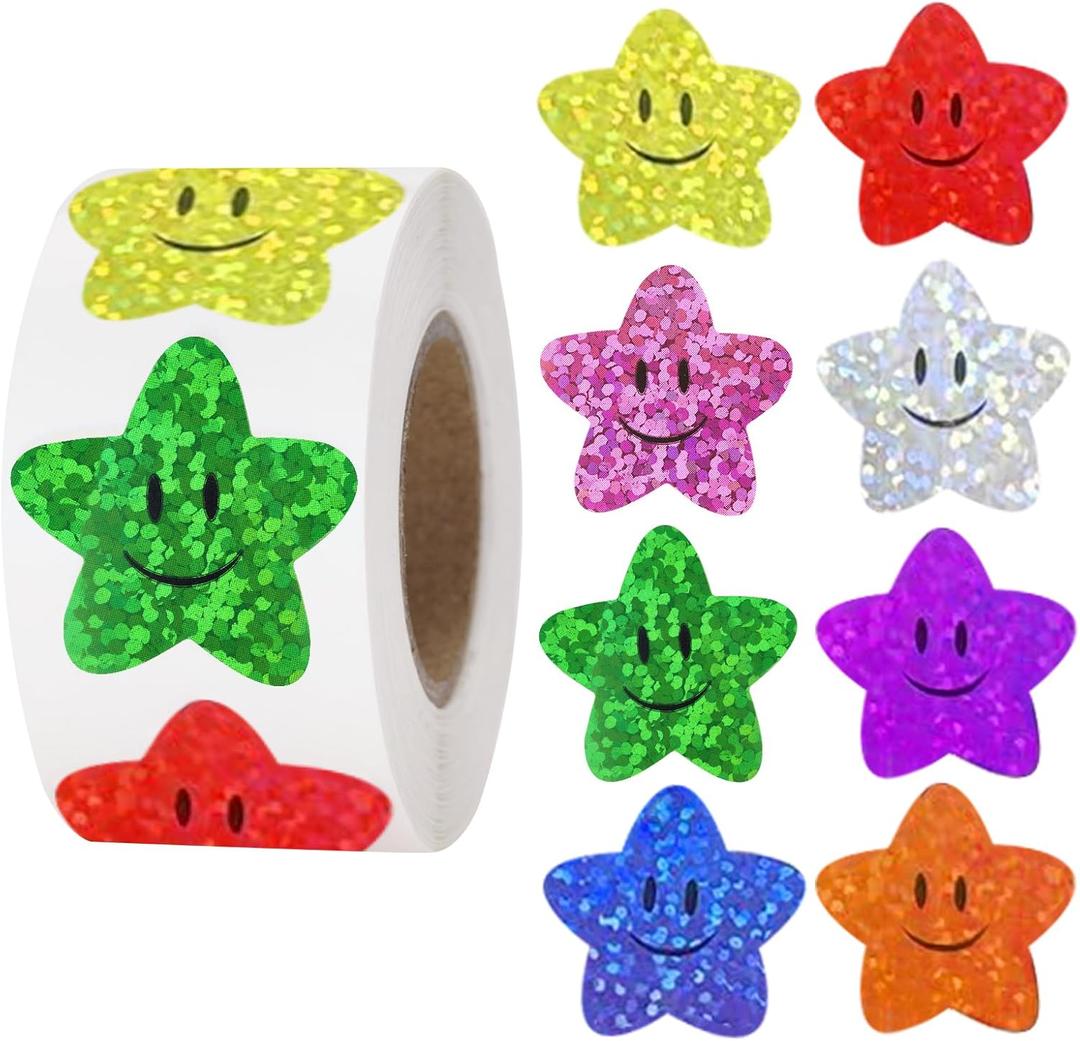 Anwyll Star Smiley Face Stickers - Happy Face Stars Stickers for Kid Reward 500Pcs 1Inch Shiny Star Sticker Self Adhesive Glitter Foil Stars Sticker for Envelope Seal Classroom Teacher Behavior Chart