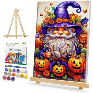 HeeBenor Halloween Paint by Numbers Kit for Adults with Frame, Pumpkin Gnome Paint by Number with Easel, DIY Halloween Gnome Adult Paint by Number Kits on Canvas Framed 8x12 Inch for Home Wall Decor