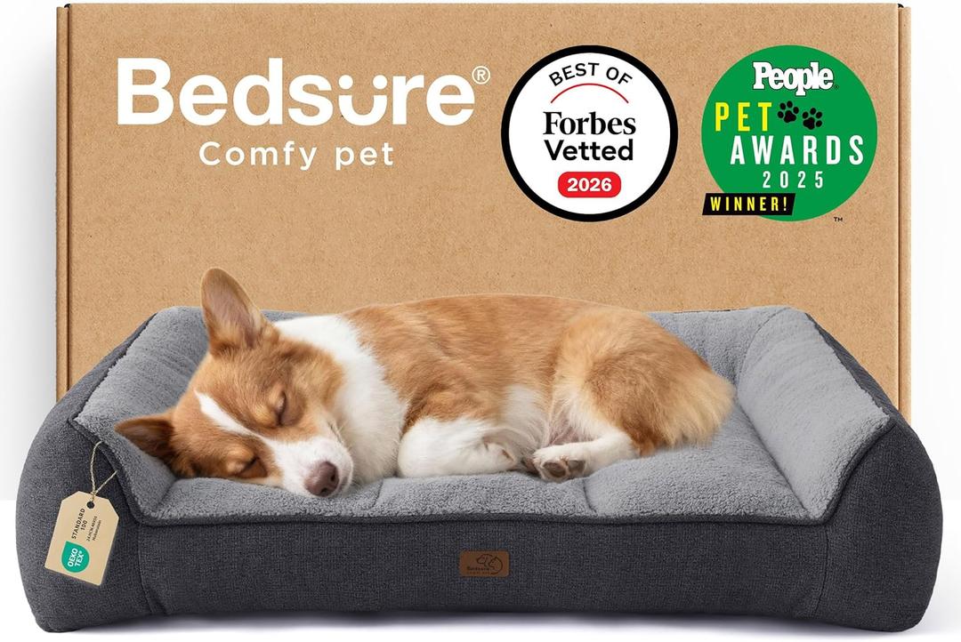 Bedsure SupportMax Orthopedic Dog Bed Medium Size Dog - Extra Thick Supportive Medium Dogs Beds with Waterproof Washable Cover, Comfort Pet Bed Sofa with Soft Sherpa and Nonskid Bottom, Grey, 35"