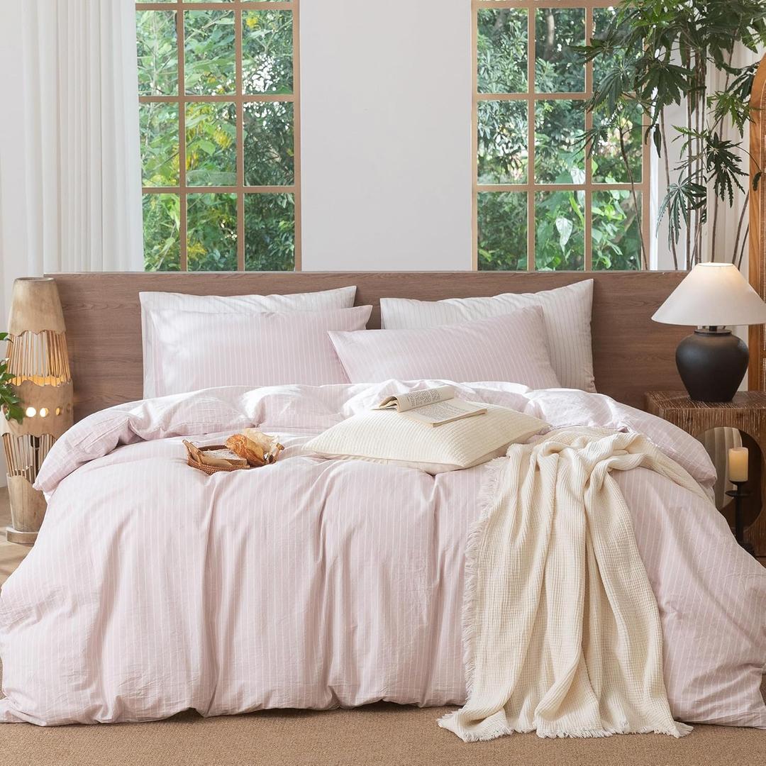 MooMee Striped Duvet Cover Set 100% Washed Cotton Linen Like Textured Breathable Durable Soft Comfy (Heathered Greyish Pink White Wide Stripes, King 104"x90")
