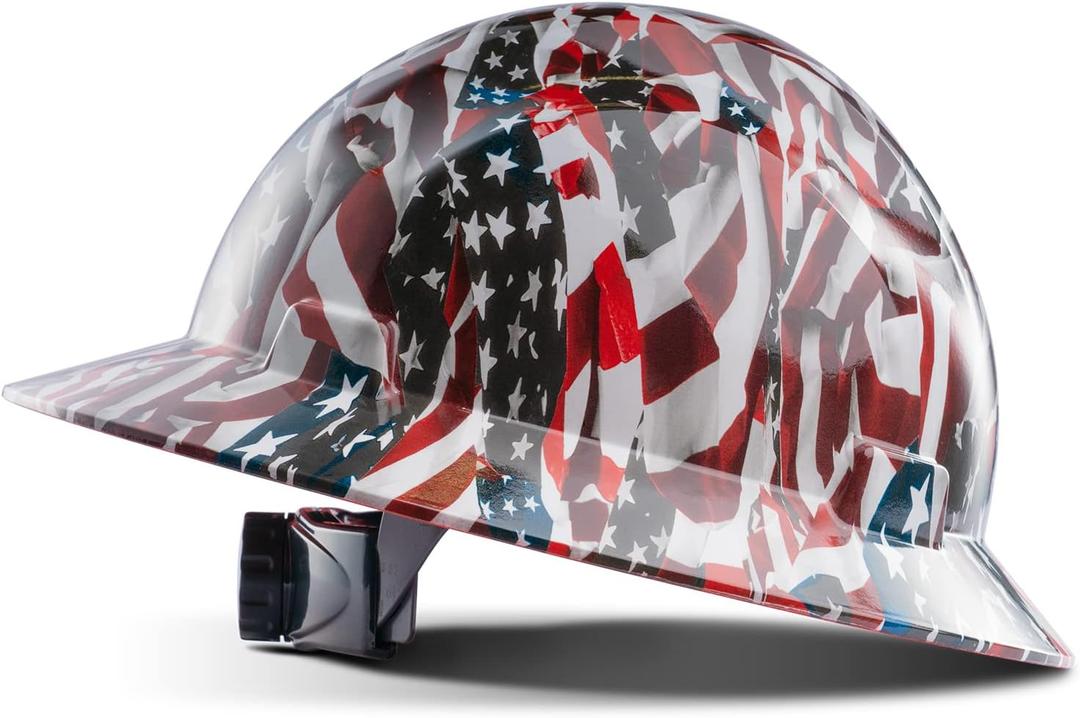 LANON Full Brim Hard Hat, OSHA Construction Work Approved, Premium American Flag Design, FRP Safety Helmet with 4 Point Adjustable Ratchet Suspension, Class C