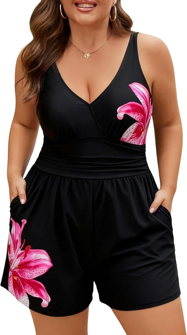 Plus Size Swim Romper Women One Piece Swimsuit Tummy Control Bathing Suit with Shorts Modest Full Coverage Swimwear (Black, XXXL)