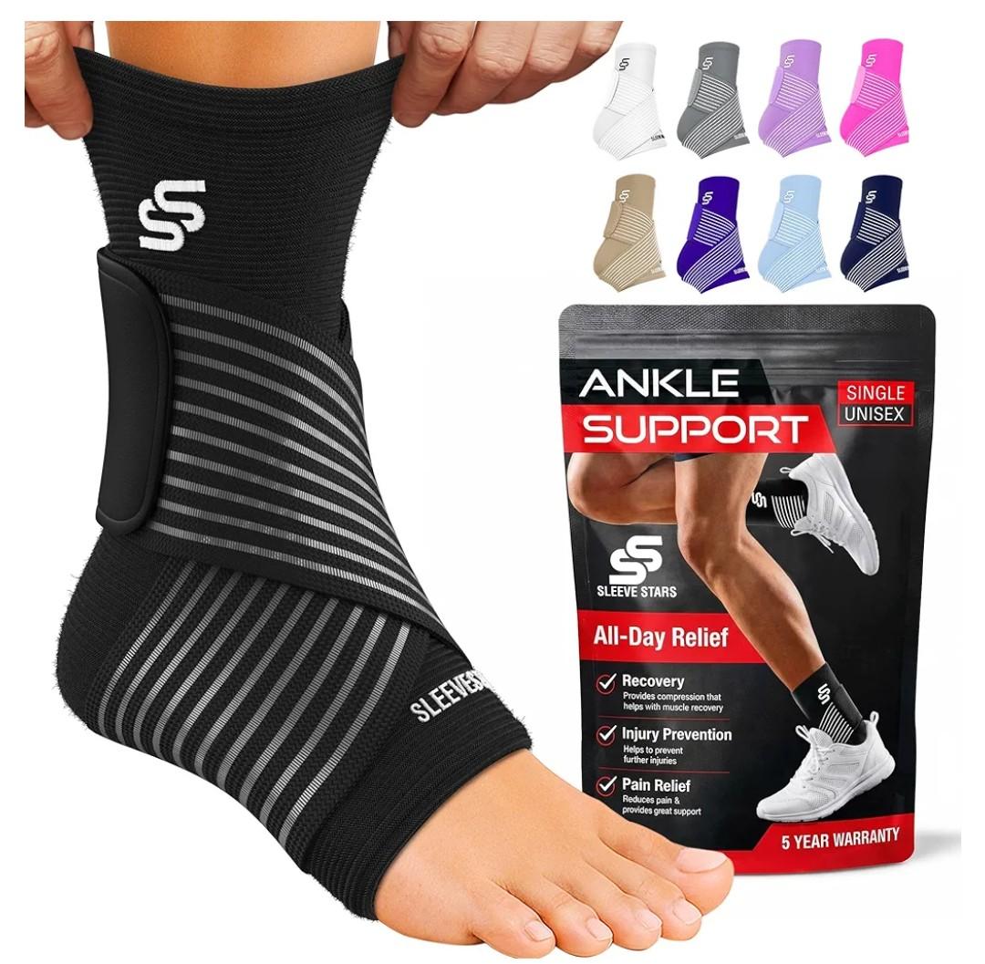 Sleeve Stars Ankle Brace for Women & Men, Ankle Wrap for Sprain, Compression Sleeve for Plantar Fasciitis Relief, Easy Customizable Support: w/ Removable Strap (Single/M:10"-12"/Black)