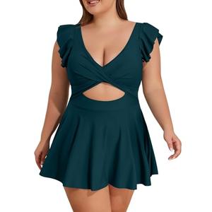 B2prity Women's Plus Size Swimsuit Tummy Control One Piece Swimdress Ruffle V Neck Cutout Wrap Bathing Suit with Skirt Peacock Green.18