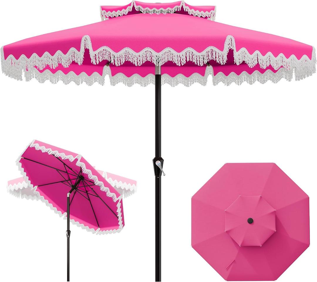 AreShark 9FT Patio Umbrella with Fringe, Wind-Resistant Fiberglass 8 Ribs Tassel Outdoor Umbrella with Crank and Push Button Tilt, Double Tier Vent Sun Shade for Pool, Deck, Backyard, Rose Pink