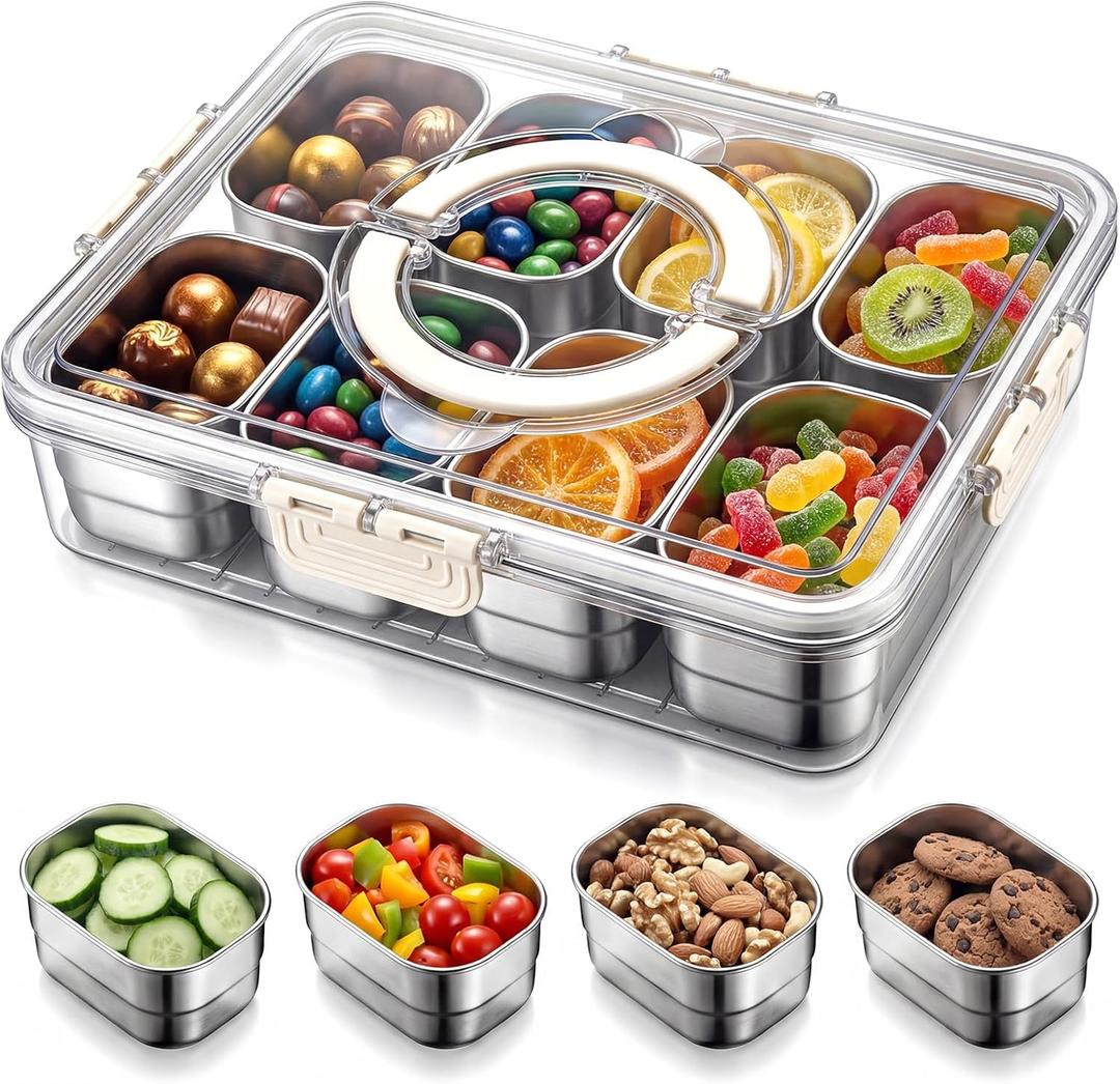 Snack Box Container with 9 Removable Stainless Steel Compartments, Divided Serving Tray with Clear Locking Lid & Carry Handle, Snack Organizer for Lunch, Parties, Travel