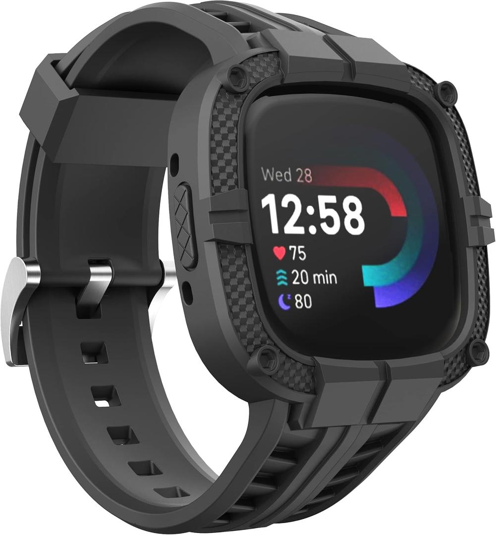 GELISHI Compatible for Fitbit Versa 4/ Fitbit Sense 2 Bands Men, Rugged Protective Case with TPU Sport Band Smartwatch Wristband Black
