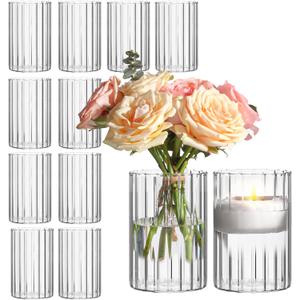 ComSaf Glass Cylinder Vases Pack of 12, Clear Ribbed Bud Vases for Centerpieces Weeding Decoration, 6 inch Tall Clear Flower Vases in Bulk, Hurricane Candle Holder for Party Home Decor