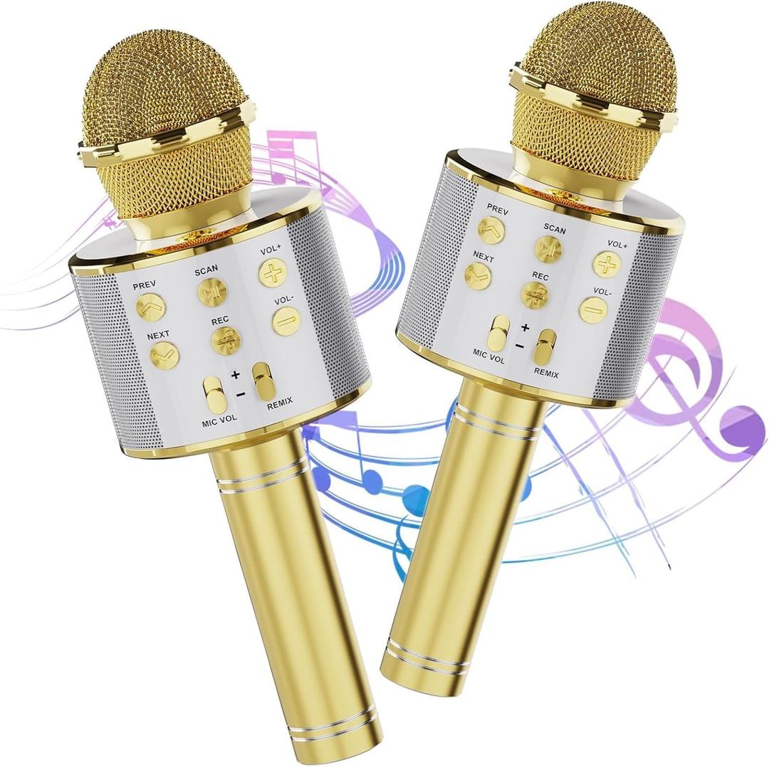 voijump Wireless Bluetooth Karaoke Microphone 2 Pack, 4-in-1 Handheld Mic Speaker for Singing, Karaoke Machine for Phone Android PC, Great Birthday Gifts for Girls Kids Adults for Party,Home KTV (Gold)