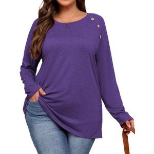 Plus Size Buttons Decor Long Sleeve Shirts Womens Raglan Sleeve Tshirts Casual Tops (Purple, XXL)