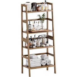 HITNET Ladder Shelf, 4-Tier Bamboo Bookshelf, Freestanding Open Display Storage Rack, Space Saving Flower Plant Display Stand for Bathroom Living Room, Walnut