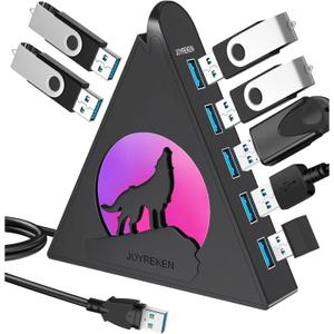 7-Port USB 3.0 Hub, Vertical USB Hub Splitter with RGB Lighting,5Gbps High-Speed Data Transfer and 2FT Extension Cable, Compatible with PC, MacBook, Laptop, PS5, Xbox, Flash Drive, Printer (Black)