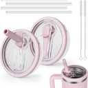 40oz Flip Straw Lid Replacement for Stanley Quencher H2.0 Tumbler, 2 Lilac Leak Proof Flip Lid & 4 Tritan Straws & 2 Straw Brush