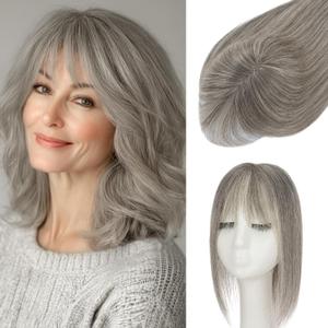 S-noilite Hair Toppers for Women Real Human Hair, 100% Real Human Hair Toppers with Bangs for Women with Thin Hair,2.25"*6" Lace Silk Base 14 inch (Mixed Dark Gray)