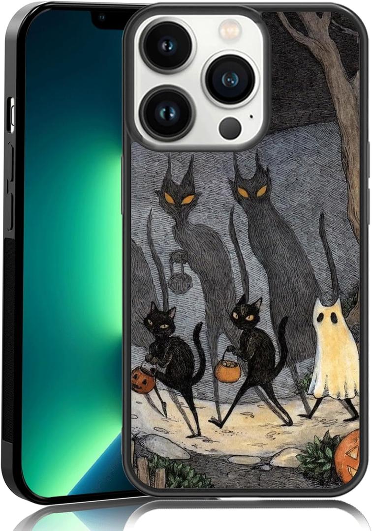 Vintage Scary Halloween Black Cat Phone Case Fit for iPhone 13 Pro Shockproof Designed Funky Art Cute Print Phone Case Cover for Boy Girl Men Women
