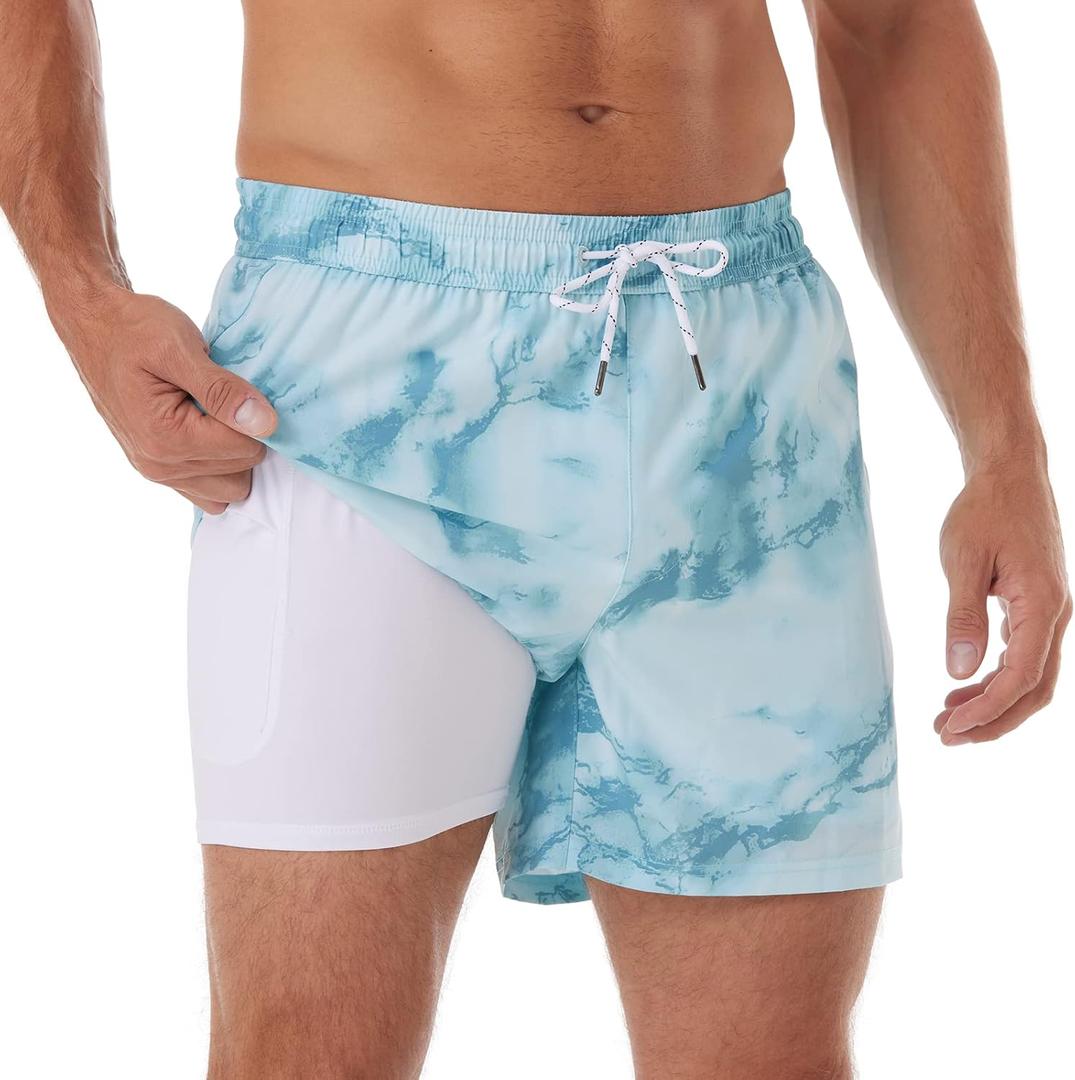 BRISIRA Mens Swim Trunks Swim Shorts Quick Dry 5 inch Inseam Beach Shorts with Compression Liner and Zipper Pocket (28, Bluewaterripple)