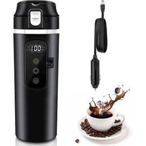Electric Car Kettle 12V/24V Portable Mini Water Boiler Heated Travel Mug for Car, Smart Multiple Temperature Adjustable Coffee Tea Truck Cup (430 ML)