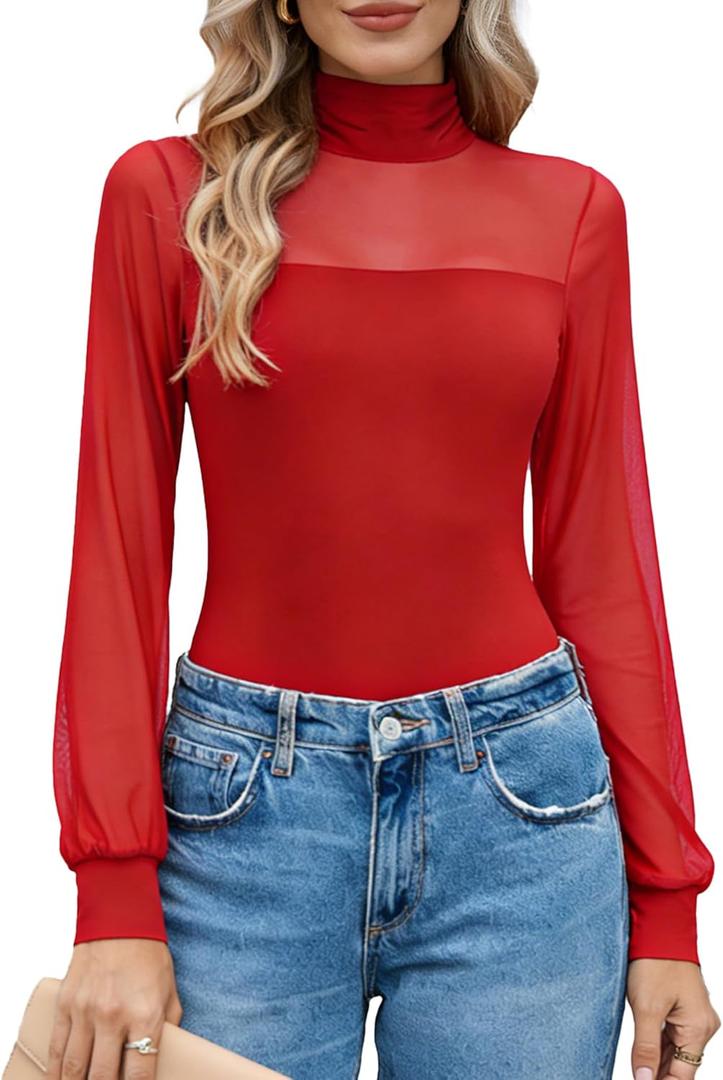 Avidlove Long Sleeve Body Suits Womens Mesh Turtleneck Bodysuit Thong Dressy Going Out Bodysuits Top Fall Outfits (Small, Red)